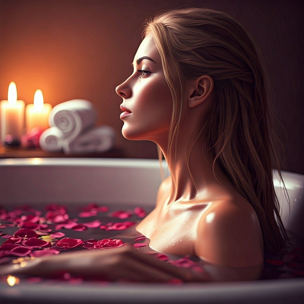 Dreamy Woman Relaxing in Rose Petal Bath
