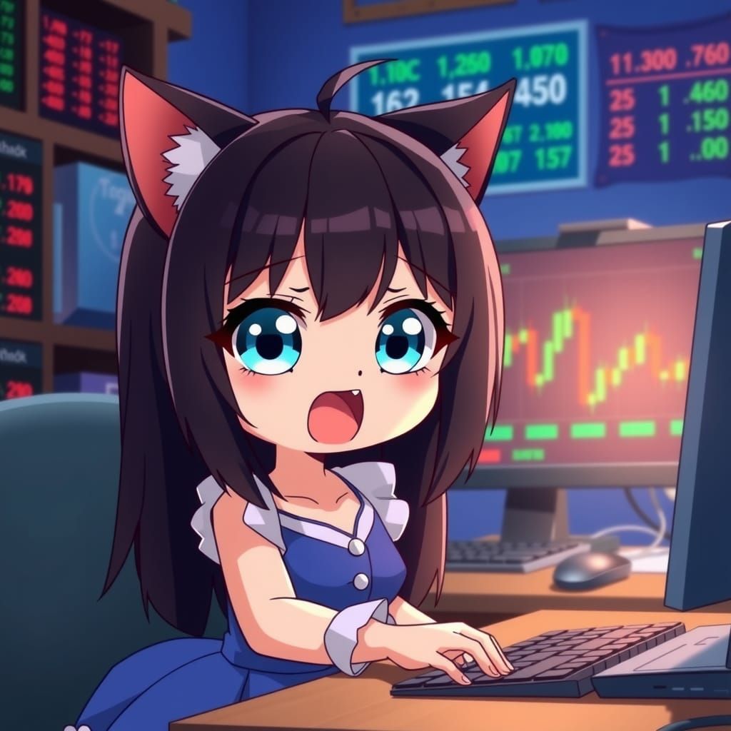 Adorable Anime Catgirl Trading Stocks