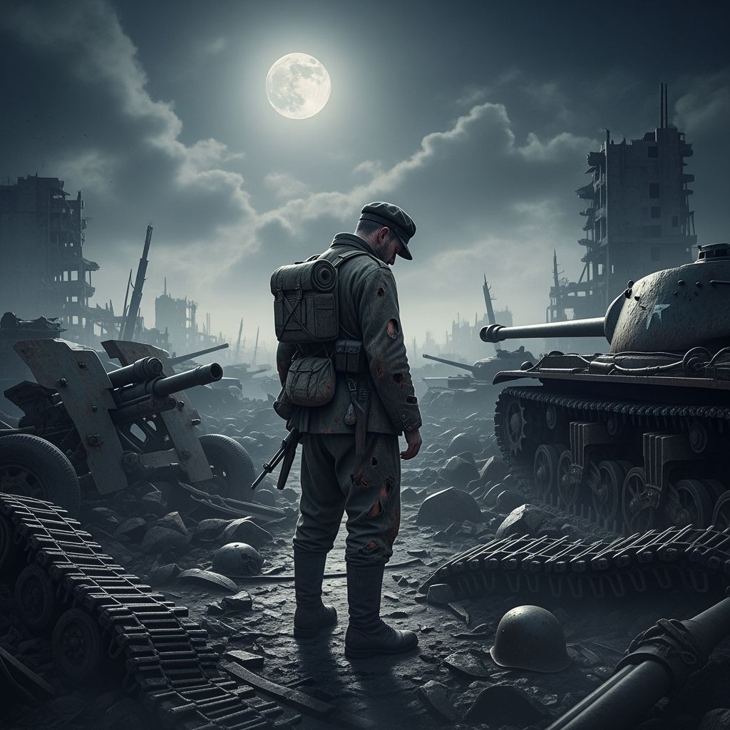 Soldier Contemplates War on Moonlit Battlefield