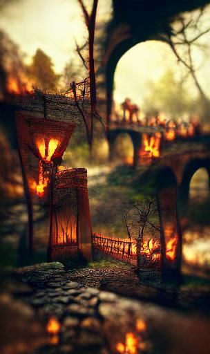 Eerie Roman Bridge with Burning Edges in Sepia