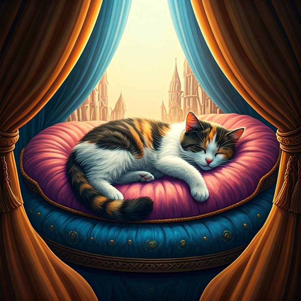 Dreamy Calico Cat Amidst Vibrant Textures and Glowing Accent...