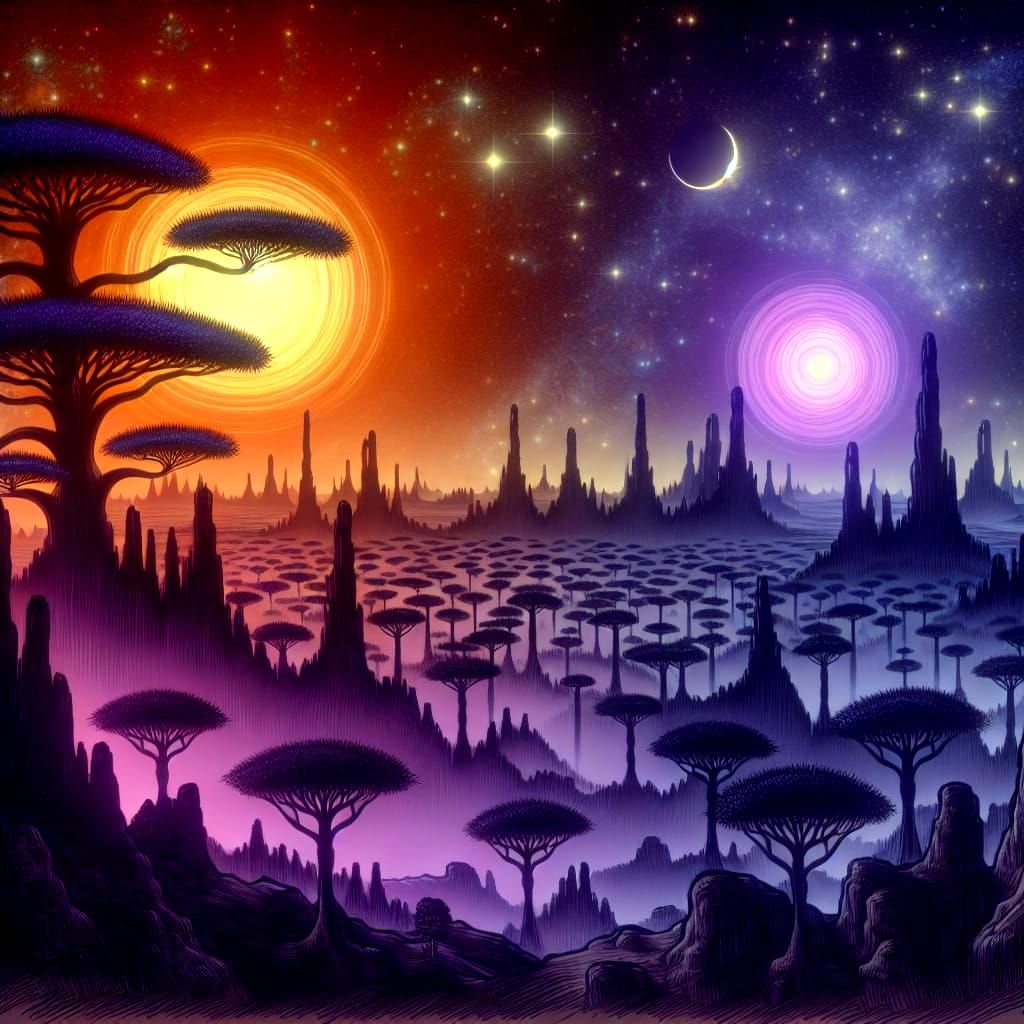 Surrealist Exoplanetary Landscape at Night