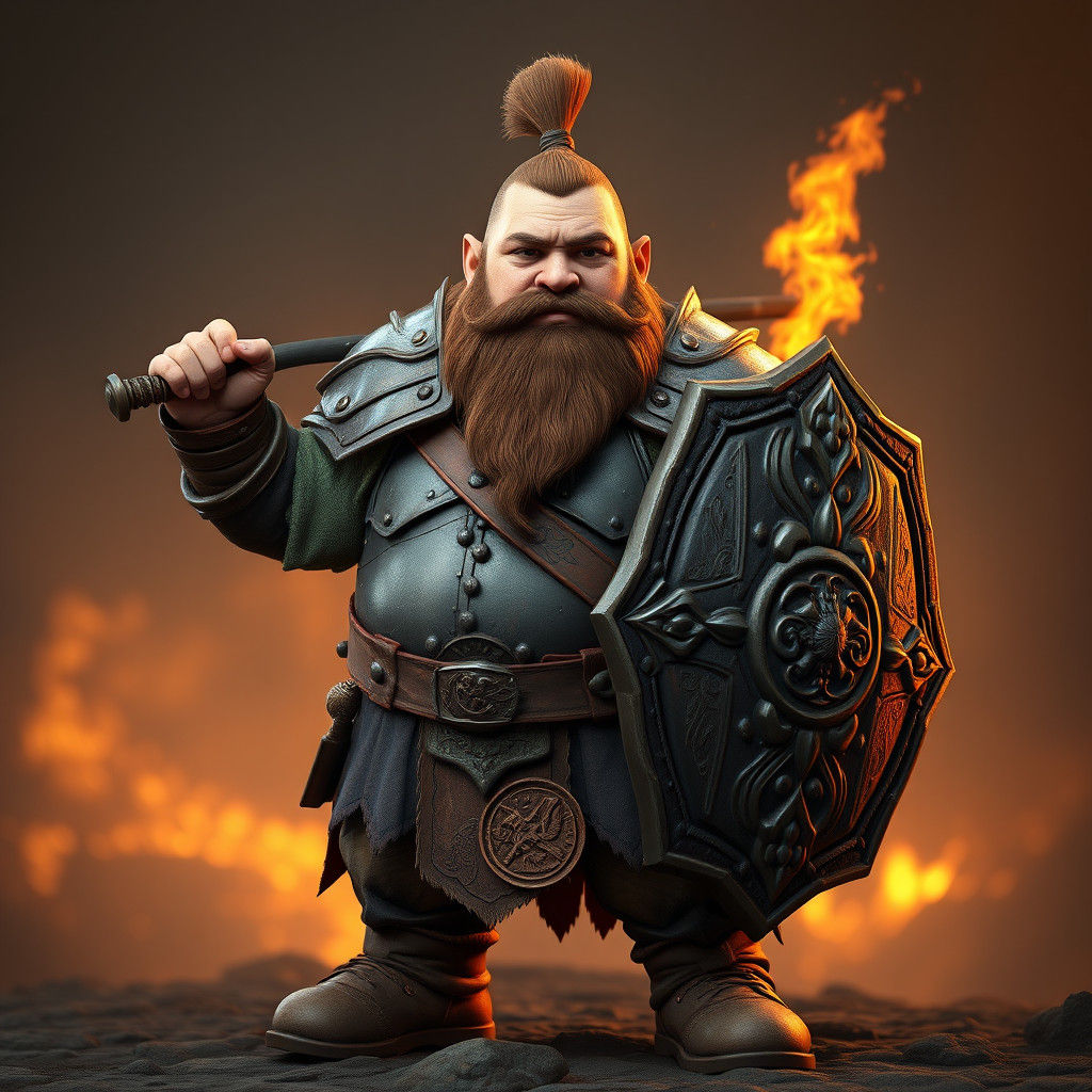 Dwarf Paladin with Flaming Sword, Fantasy Concept Art