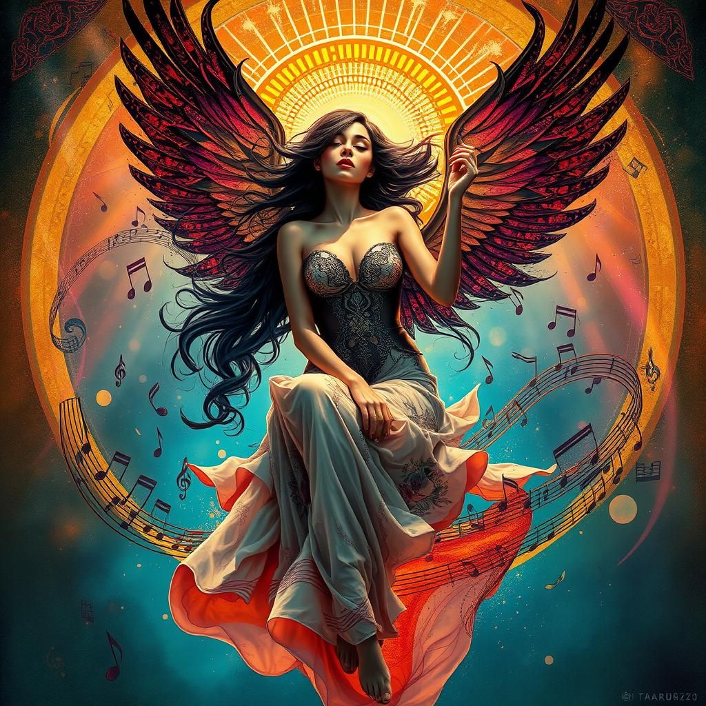 Ethereal Woman Rides Music Notes in Art Nouveau Style