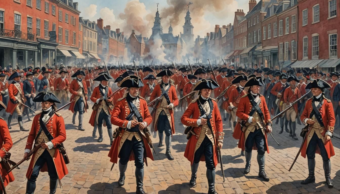 Dramatic 1775 Town Square Standoff in Watercolor