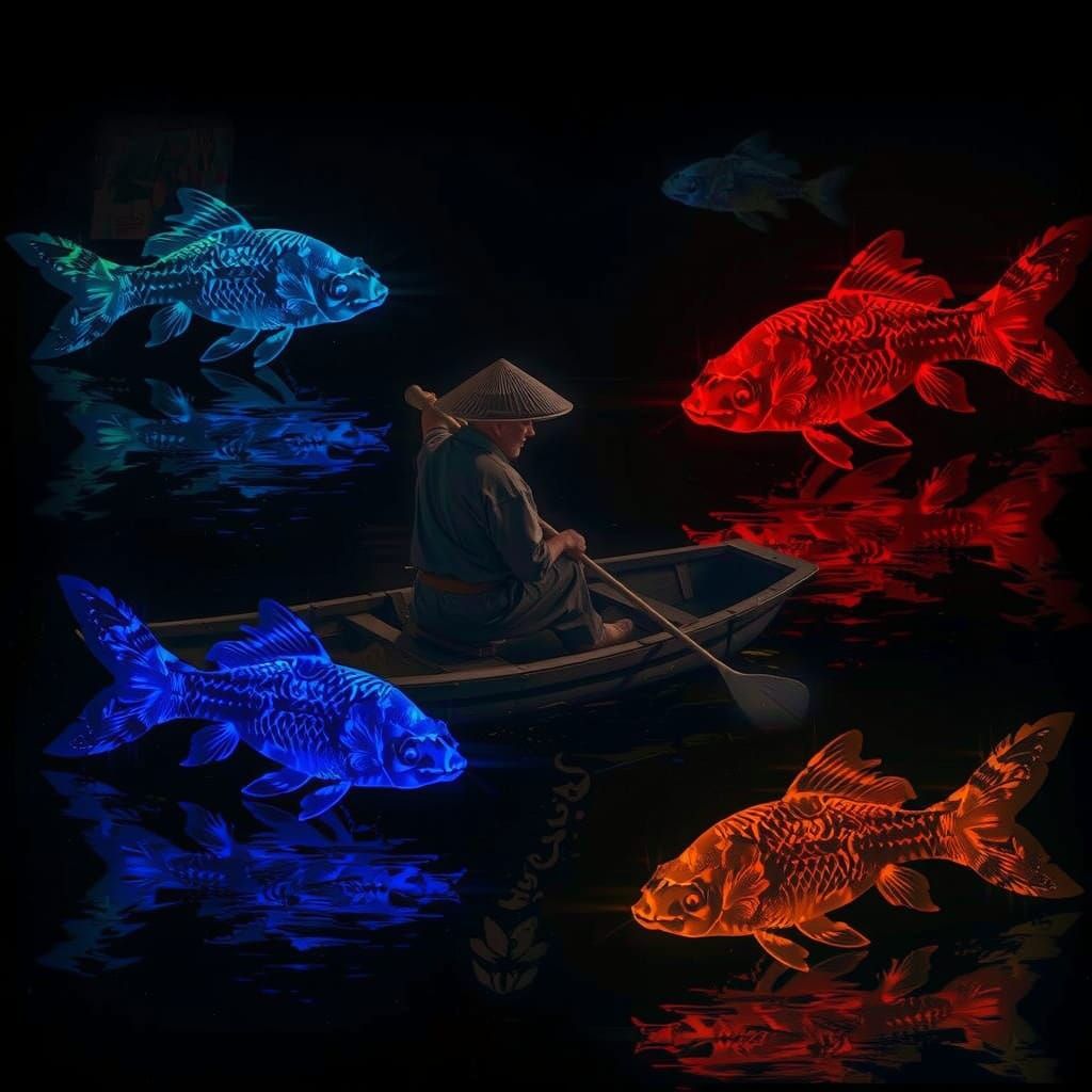 Japanese Fisherman Rows Through Neon Koi Pond at Night