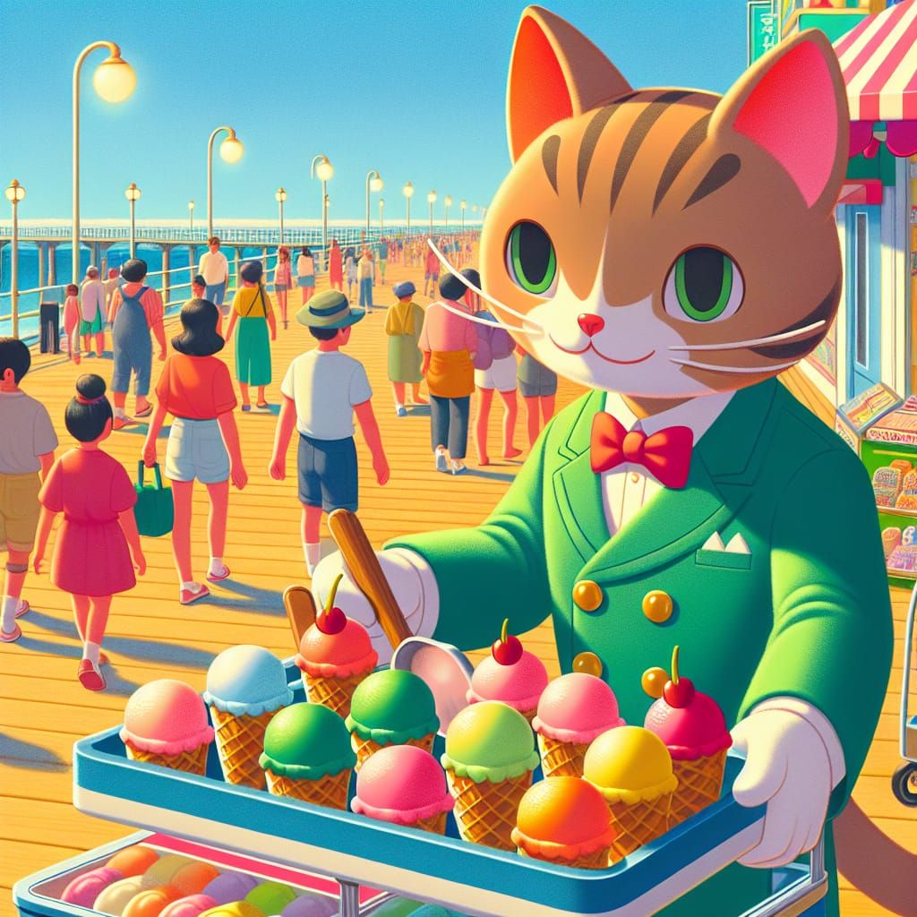 Whimsical Cat Ice Cream Vendor on Sunny Beach Boardwalk