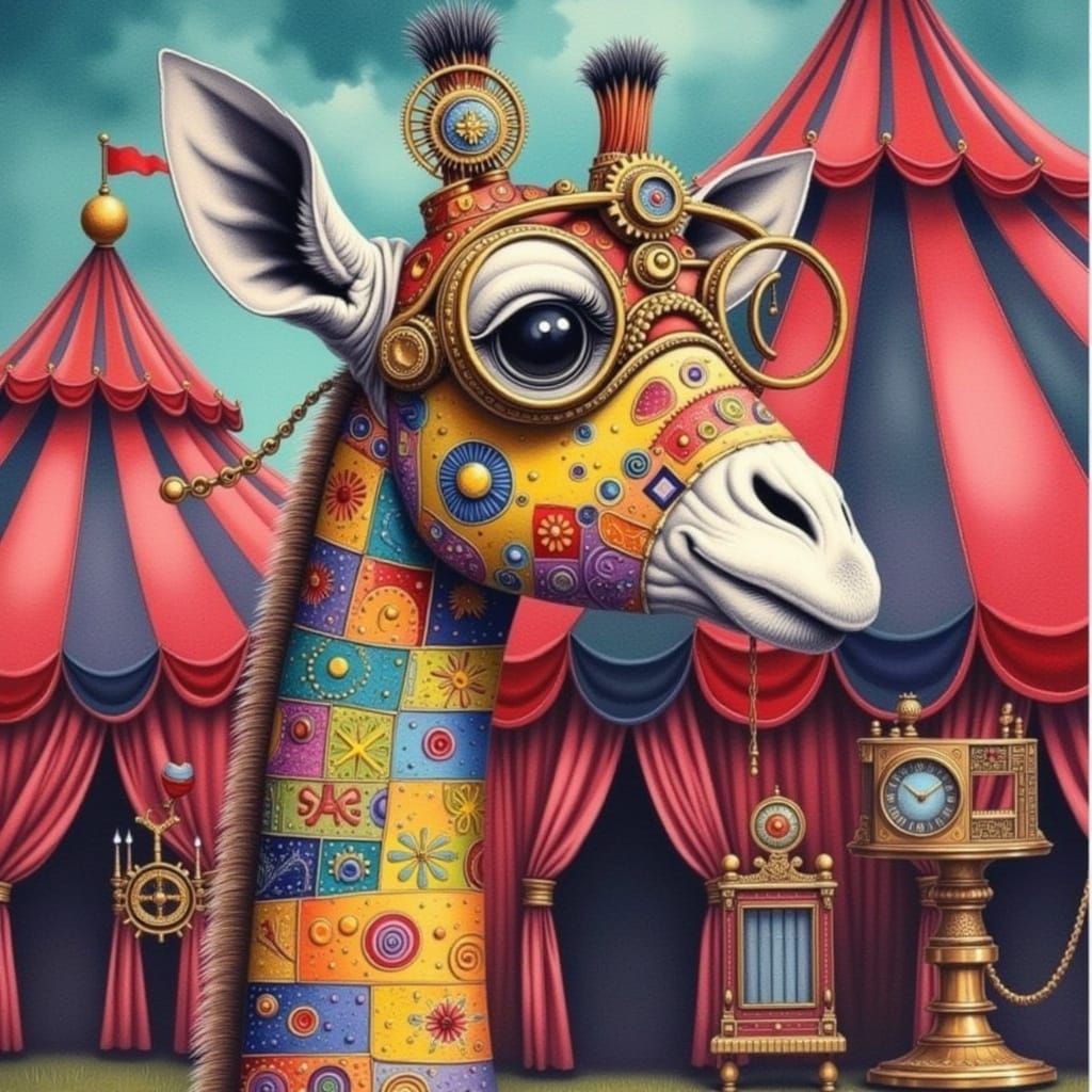 Steampunk Circus Giraffe in Watercolor Patchwork Style
