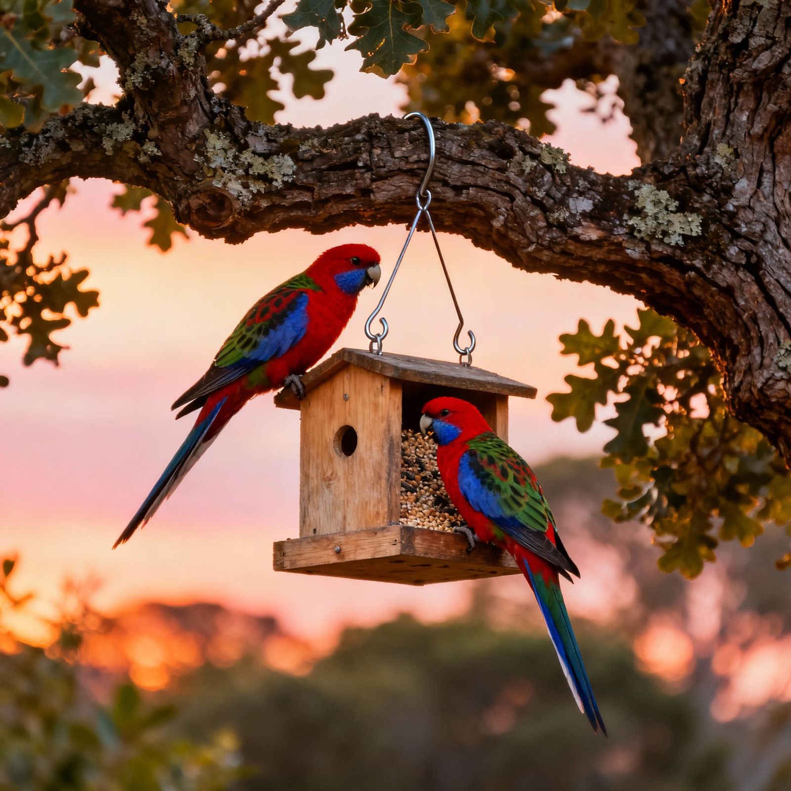 Red Rosellas Enjoying Sunrise Breakfast