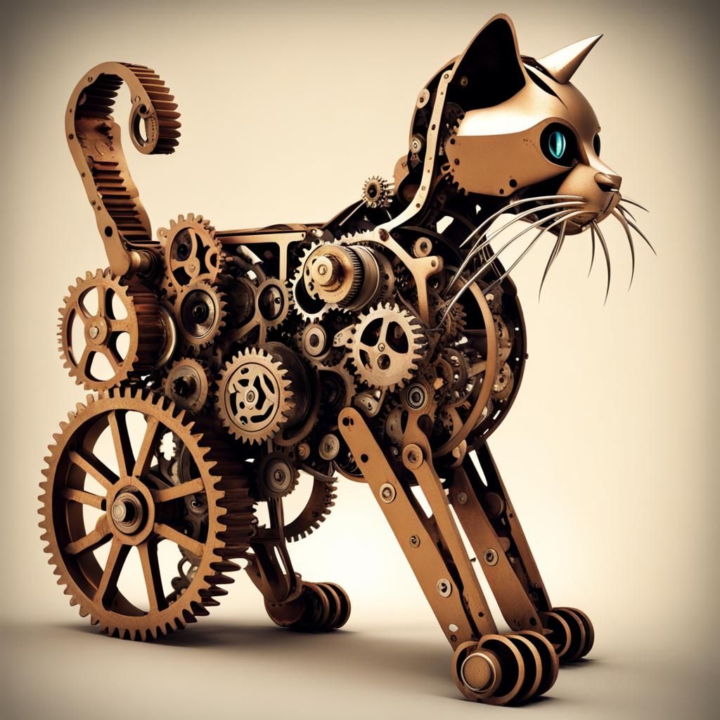 Steampunk Mechanical Cat Made of Gears and Cogs
