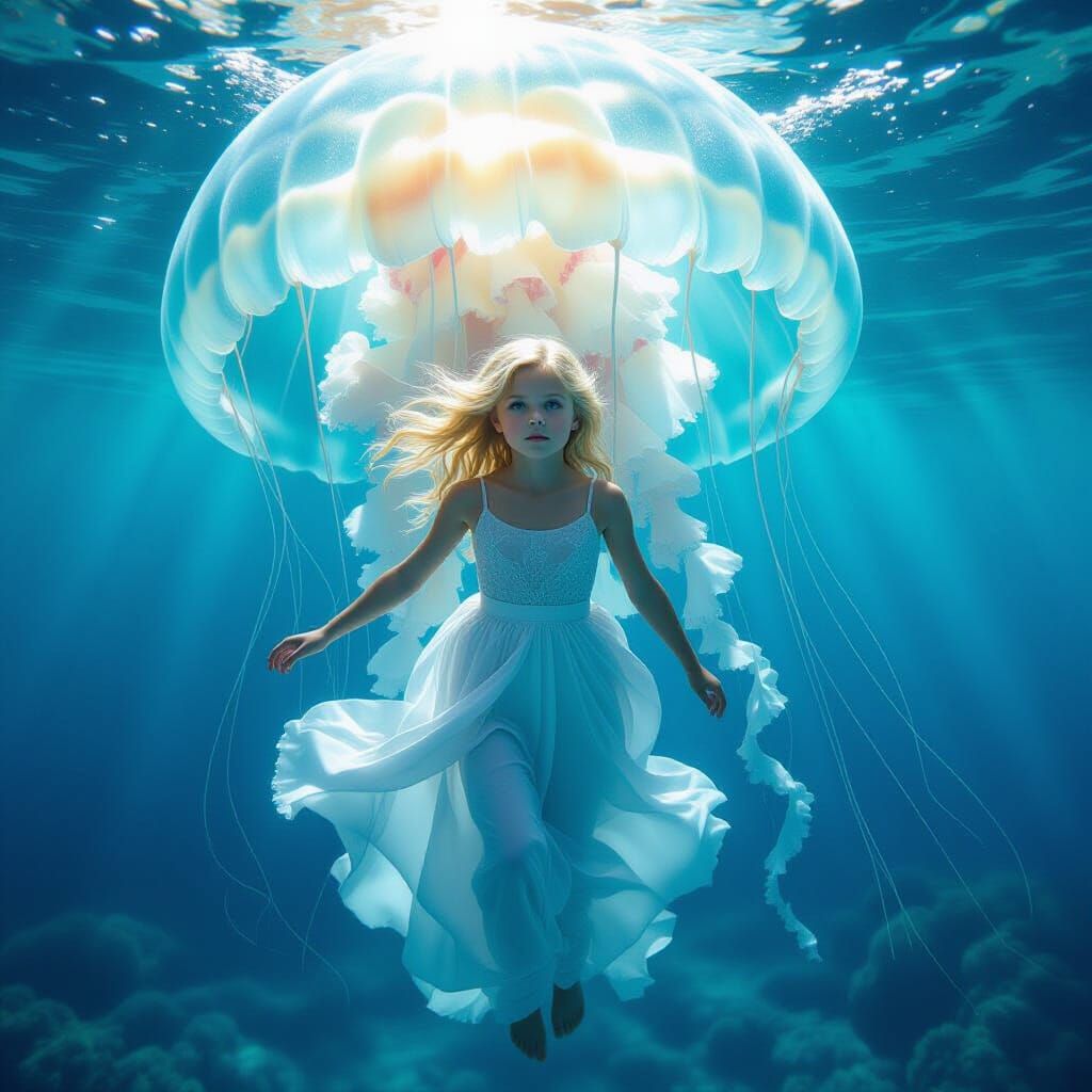 Girl Emerges from Jellyfish: Hyperrealistic Underwater Scene
