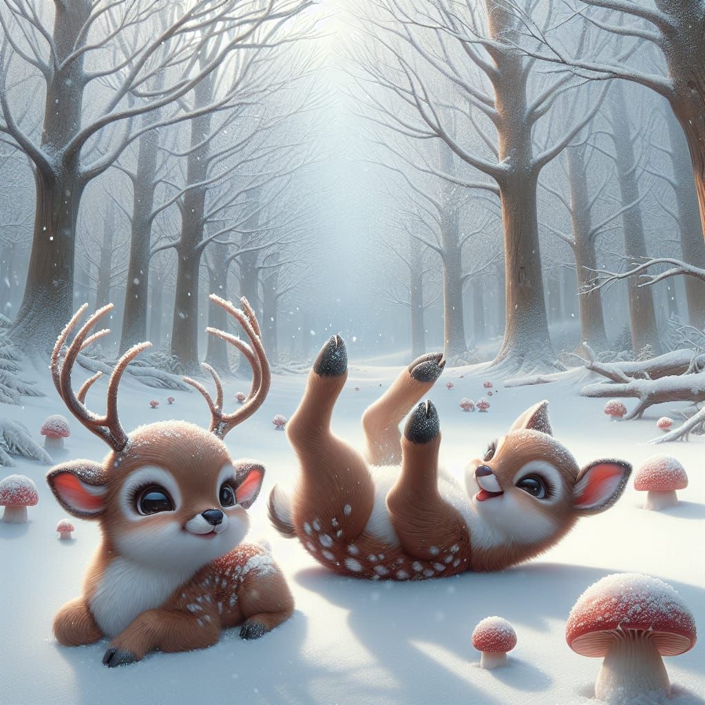 Winter Wonderland Featuring Two Baby Deer