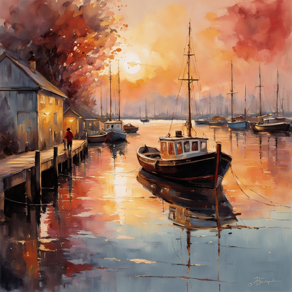 Spring Sunset Over Harbour in Watercolour and Ink