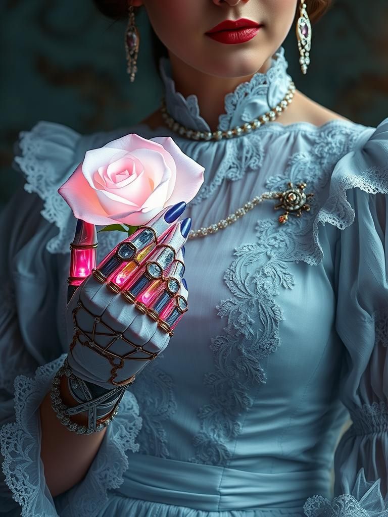 Cyborg Edwardian Woman with Cybernetic Hand in Vaporwave Sty...