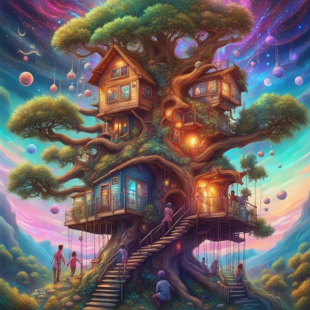 Kids Playing Around Treehouse in Cosmic Illustration