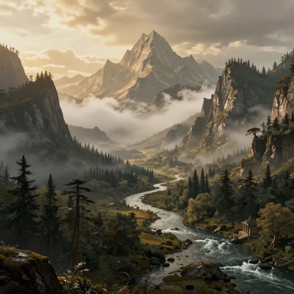 Epic Fantasy Landscape with River and Mountains