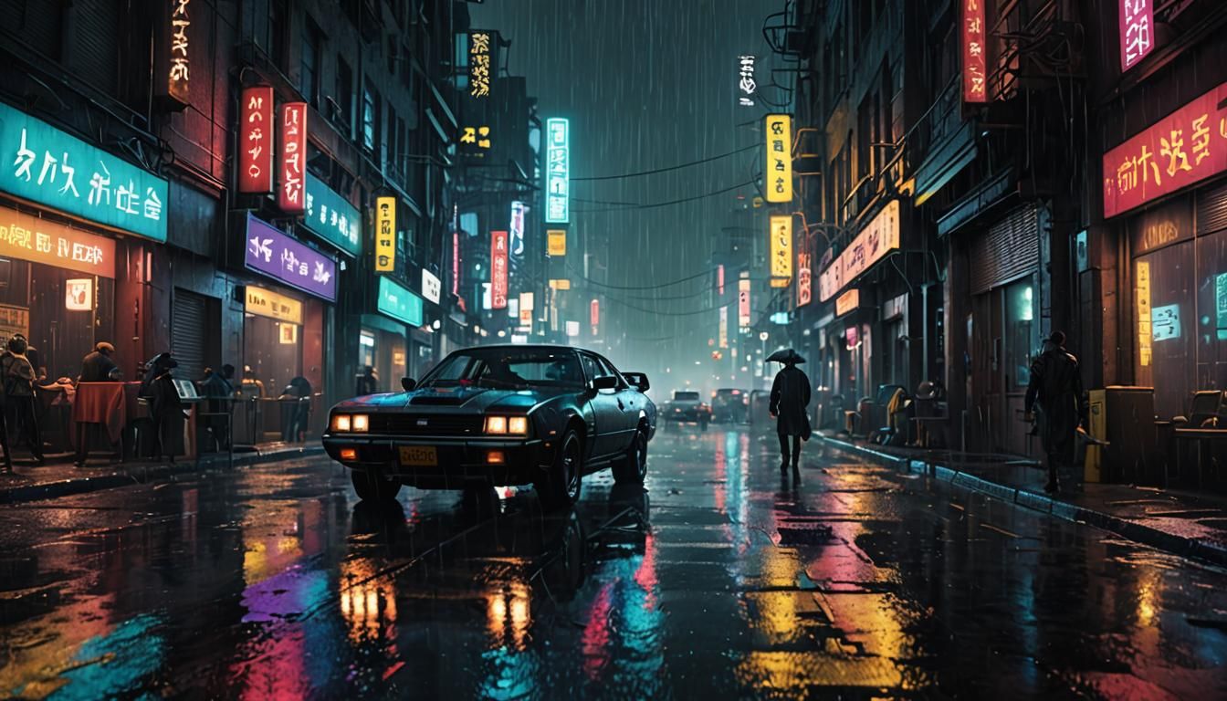 Rainy Cyberpunk City Street in Hyperrealistic Style