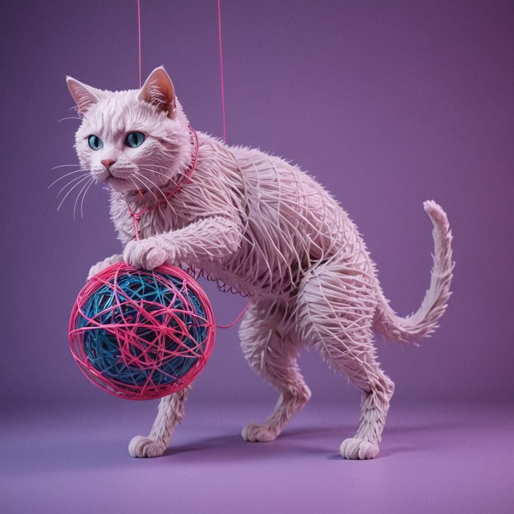 String Cat Plays with Toy Ball in Synthwave