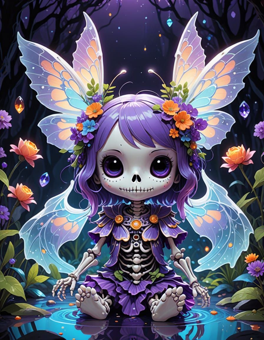 Whimsical Skeleton with Shimmering Fairy Wings in a Dreamy P...