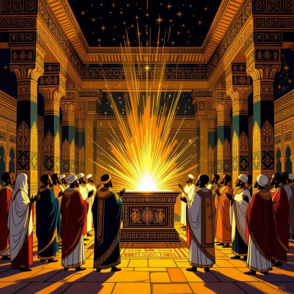 Priests Before Glowing Ark in Ethiopian Manuscript Style