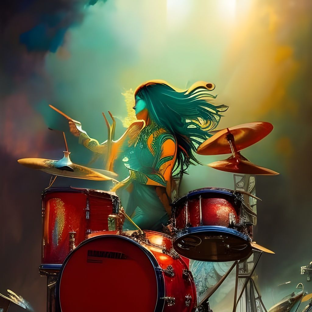 Fiery Drummer Girl with Golden Stick