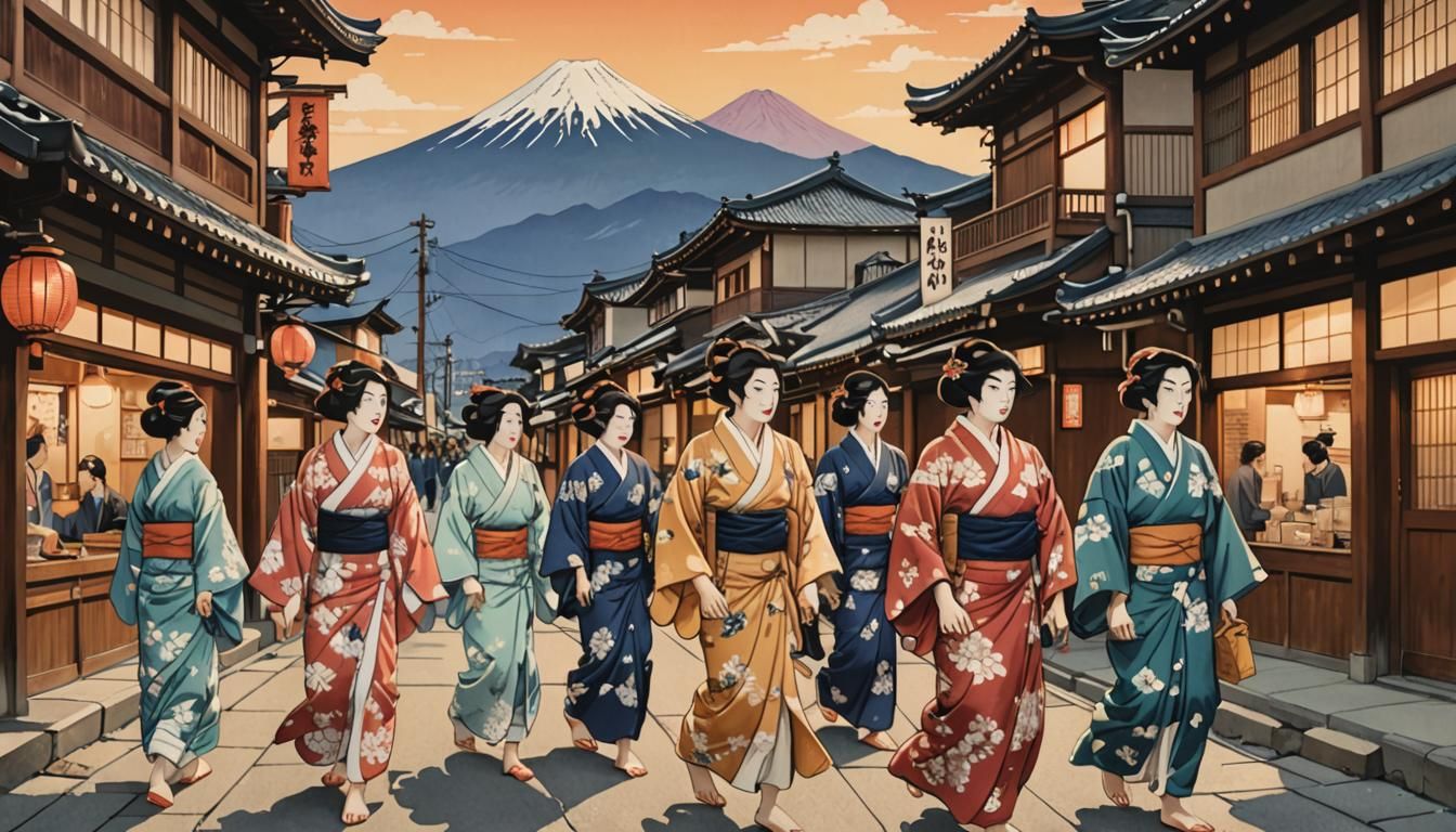 Mount Fuji and Bustling Streets in Ukiyo-e Style