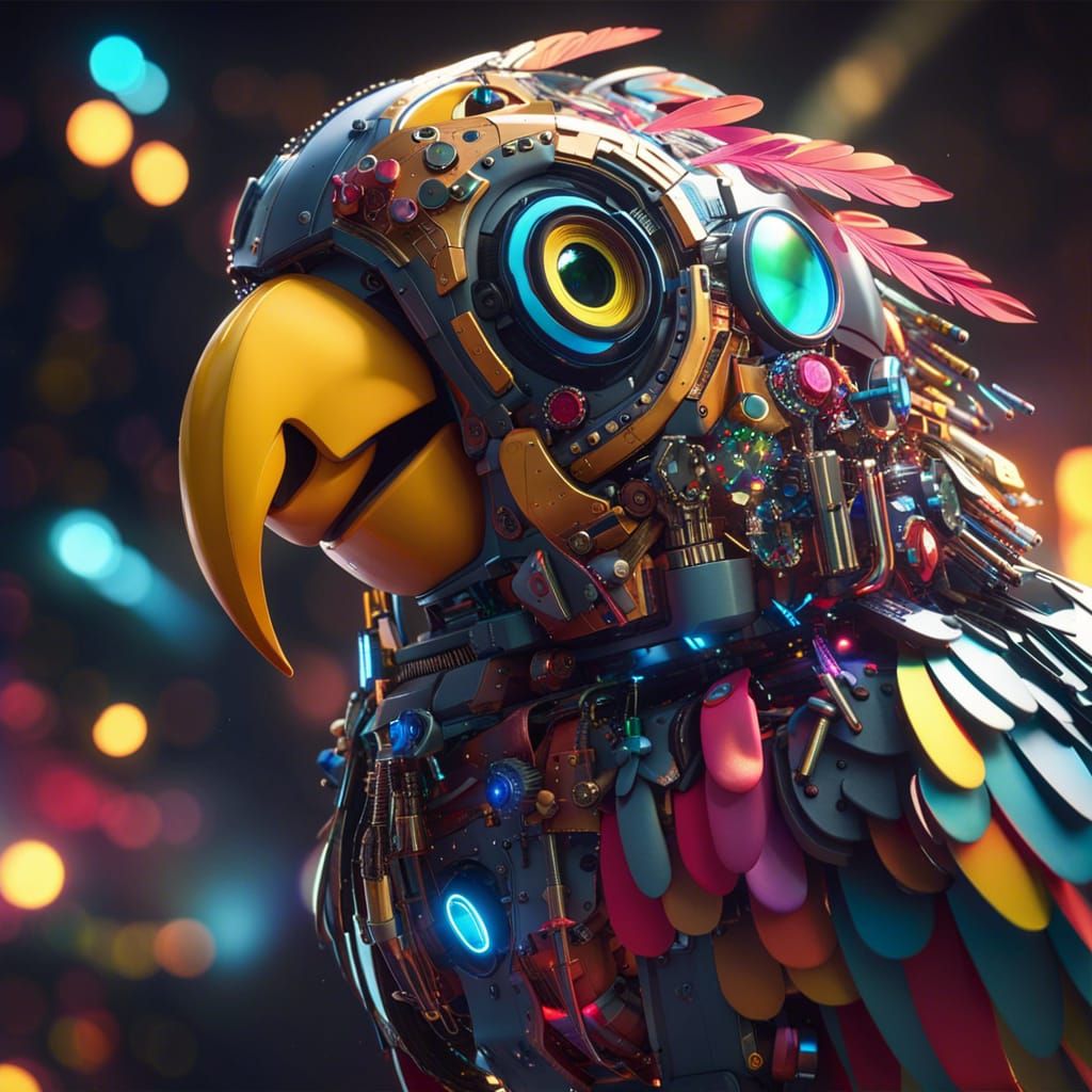 Robotic Disco Parrot in Cinematic Lighting