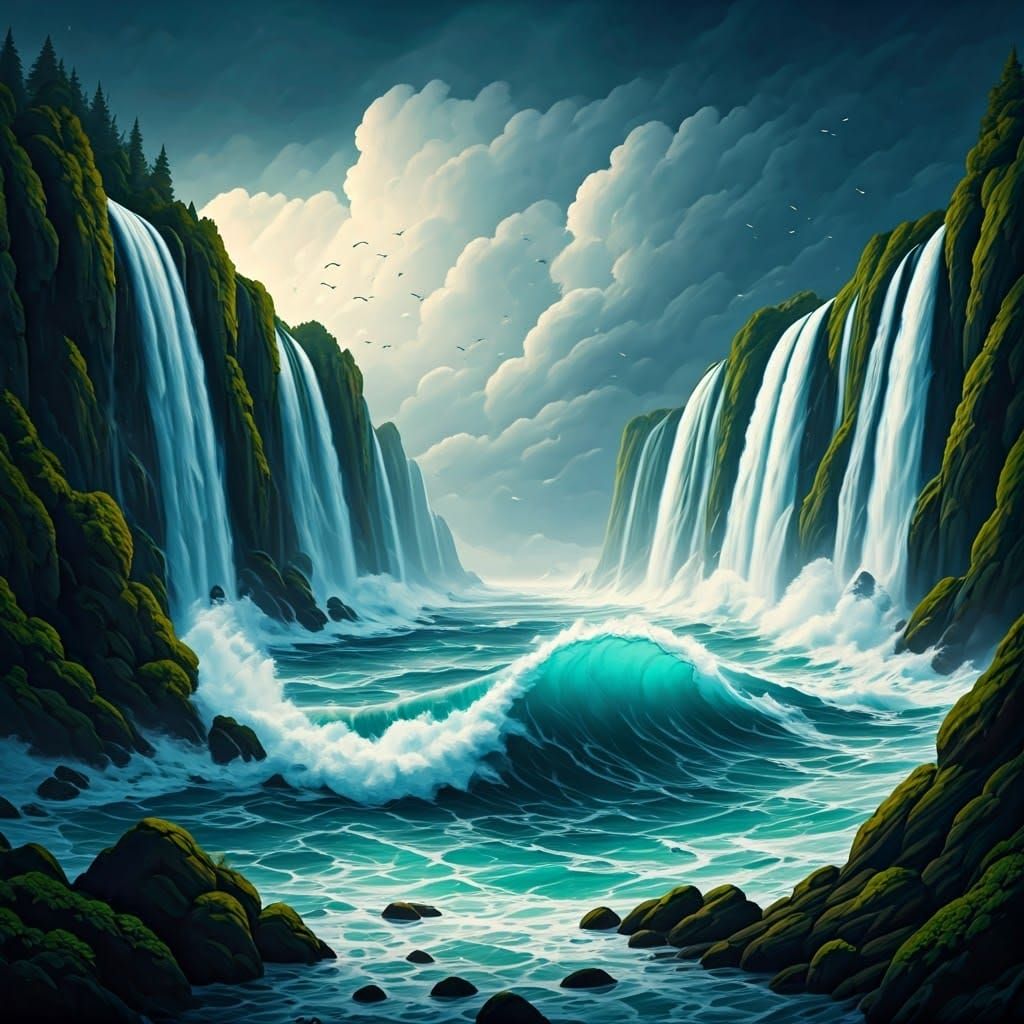 Turmoil at Sea: Waves and Waterfalls in a Vibrant Dance