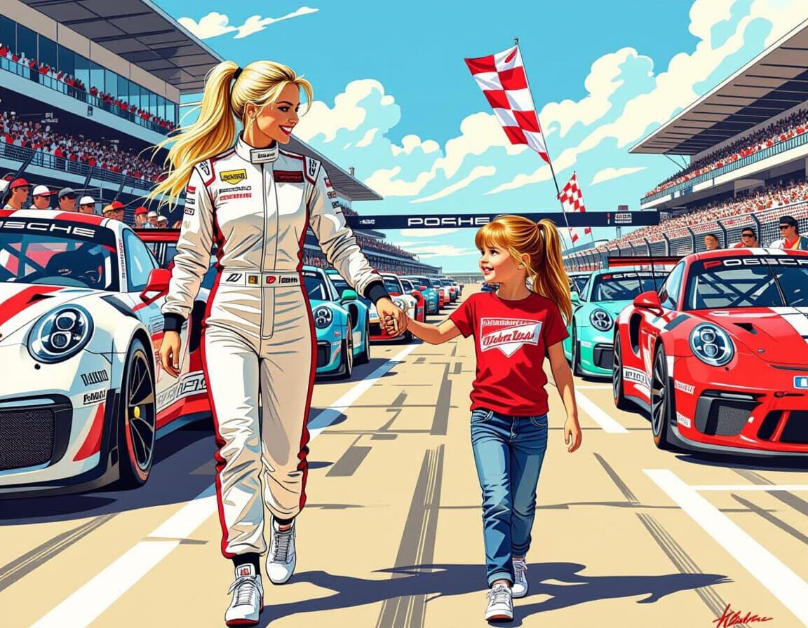 Race Driver and Girl in Retro 70s Illustration