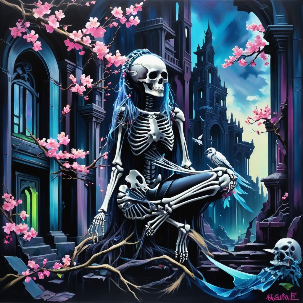 Mermaidpunk Raven in Arcology Ruins Oil Painting