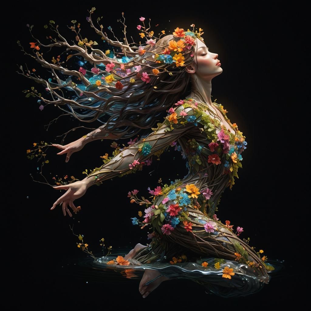 Woman Made of Branches and Flowers on Lake