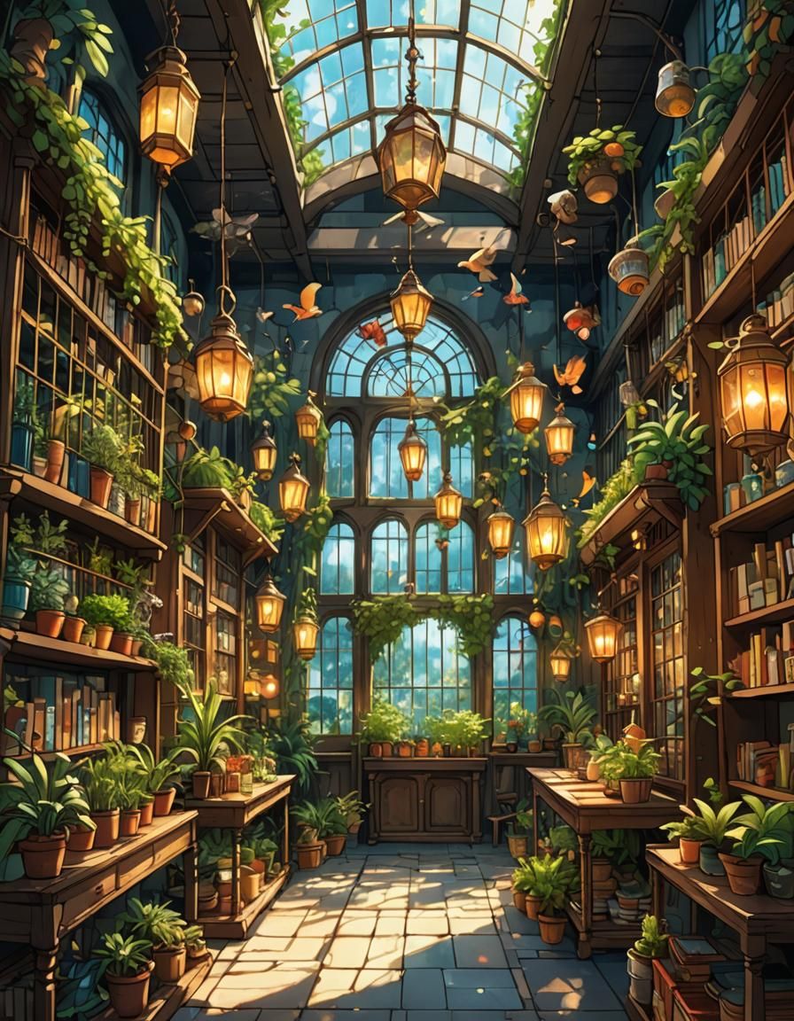 Enchanted Plant Shop with Phoenixes: Cel-Shaded Anime Style