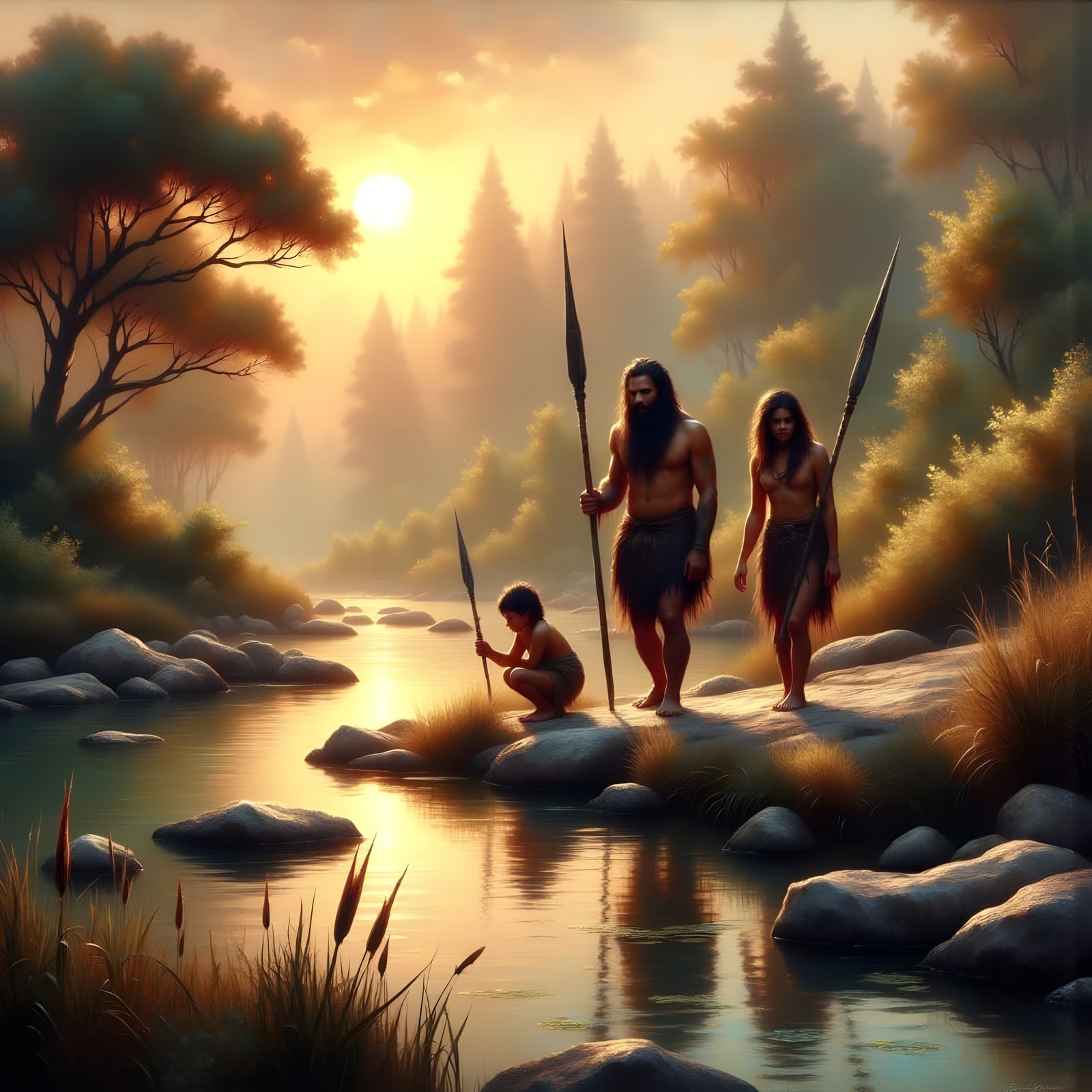 Primitive Neanderthal Family Emerges from Morning Mist