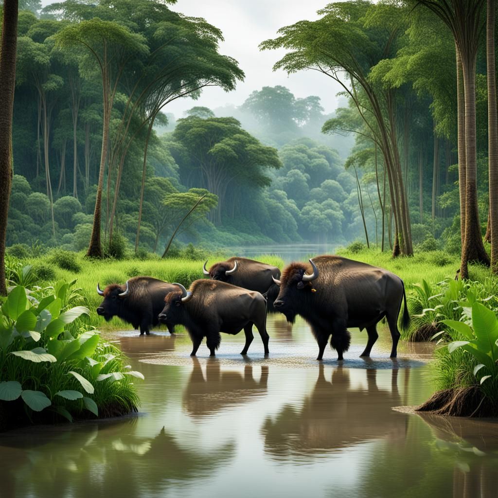 Buffalo Herd in Jungle Swamp: 3D Digital Art