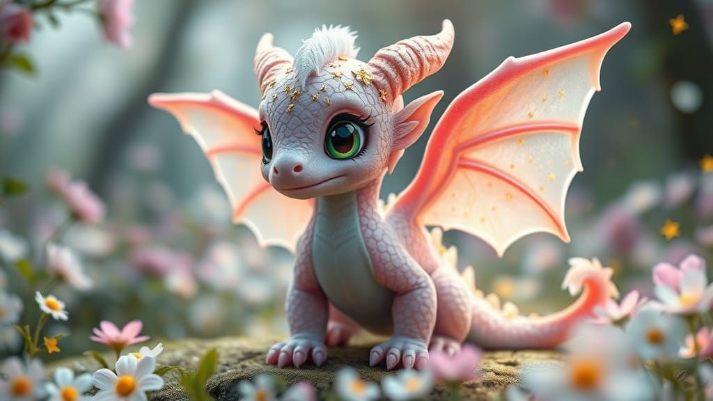 Pastel Baby Dragon with Fairy Wings in Enchanted Forest