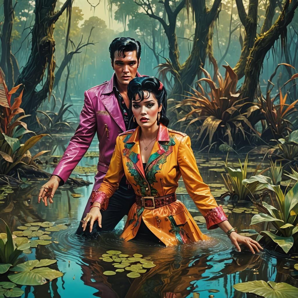 Elvis and Witch in Swamp: Hyperrealistic Splash Art