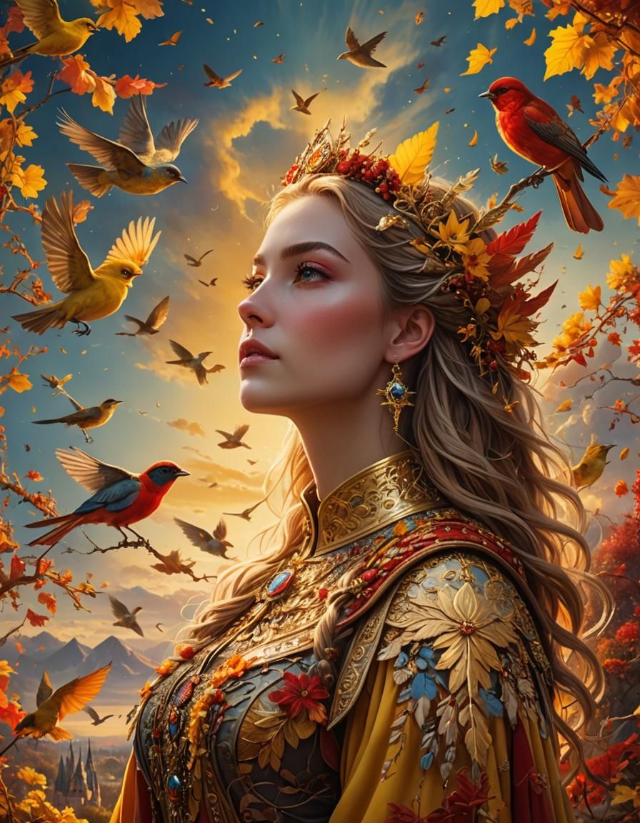 Ethereal Autumn Queen Surveys Majestic Fantasy Realm