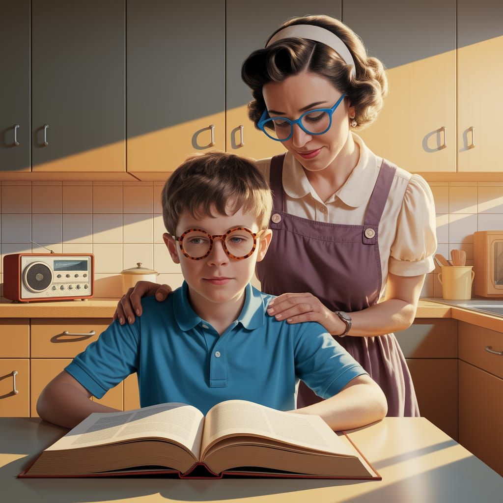 A Young Boy Studies with Loving Guidance in a Warm 1970s Kit...