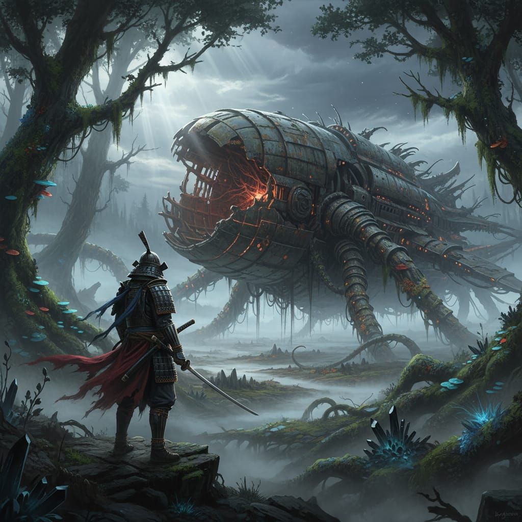 Samurai and Spaceship in Mystic Forest