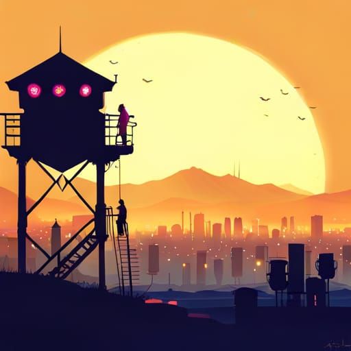 Neon Cyberpunk Cityscape at Night in Vector Art