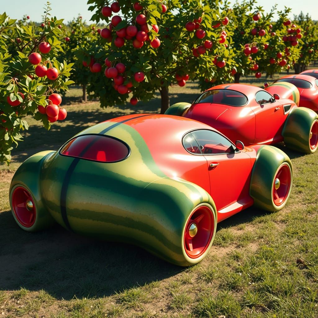 Watermelon Cars in Orchard: Pop Surrealism