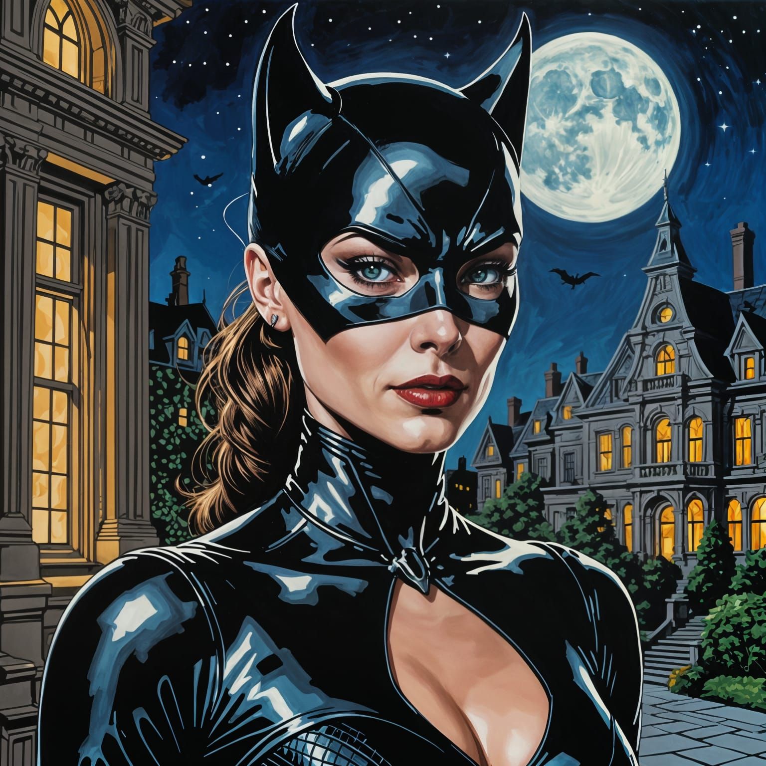 Catwoman Burgling Avengers Mansion in Oil Gouache