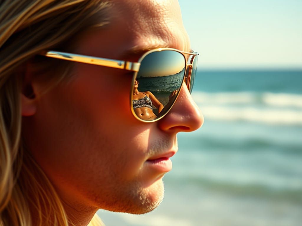 Man in Reflective Sunglasses with Beach Reflections
