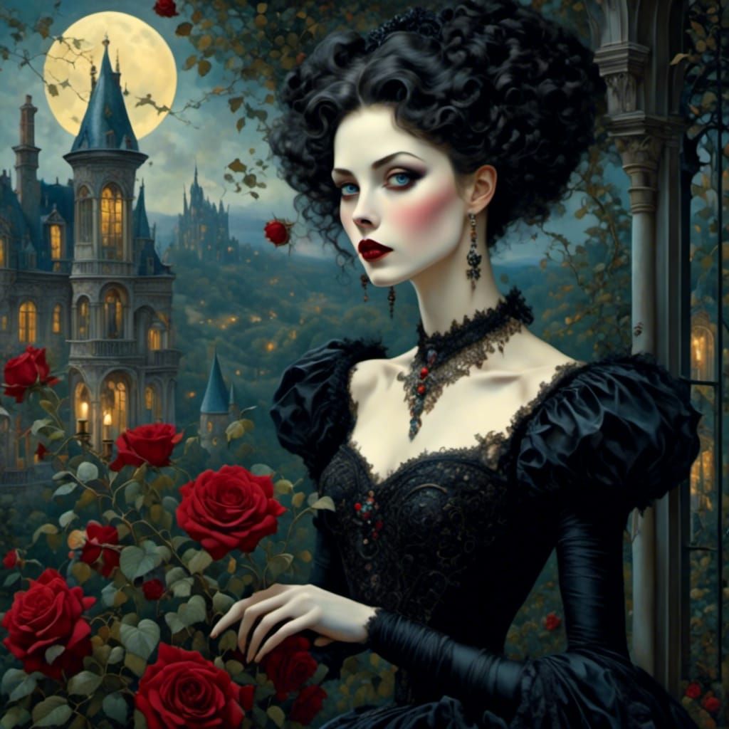 Mysterious Goth Lady on Balcony in Vladimir Kush Style