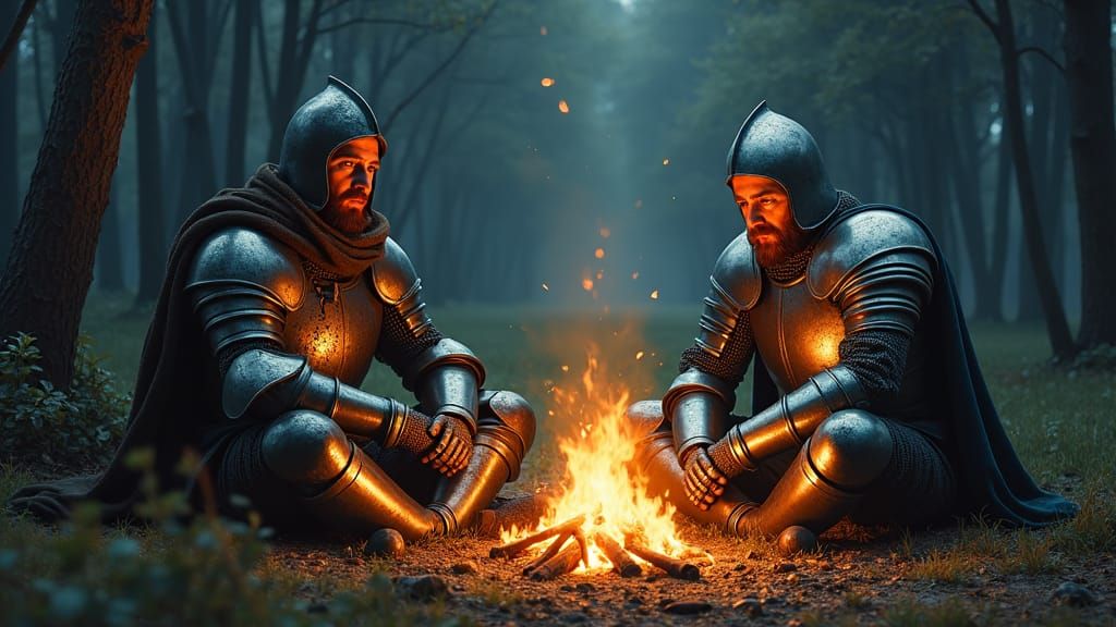 Weary Knights Contemplate in Dark Forest