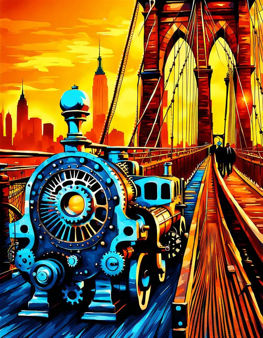 Steampunk Brooklyn Bridge Sunset with Manhattan Skyline