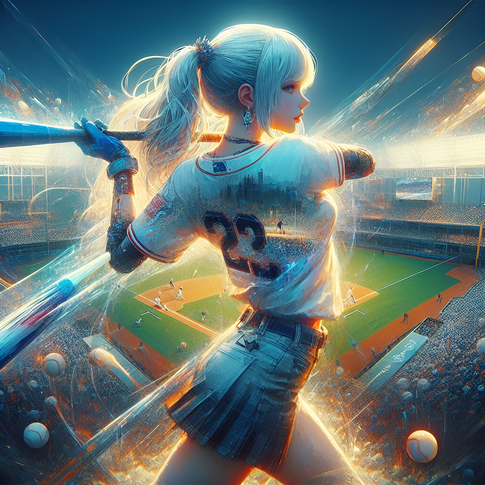 Hyperreal Oil Painting of Girl Batting with Double Exposure