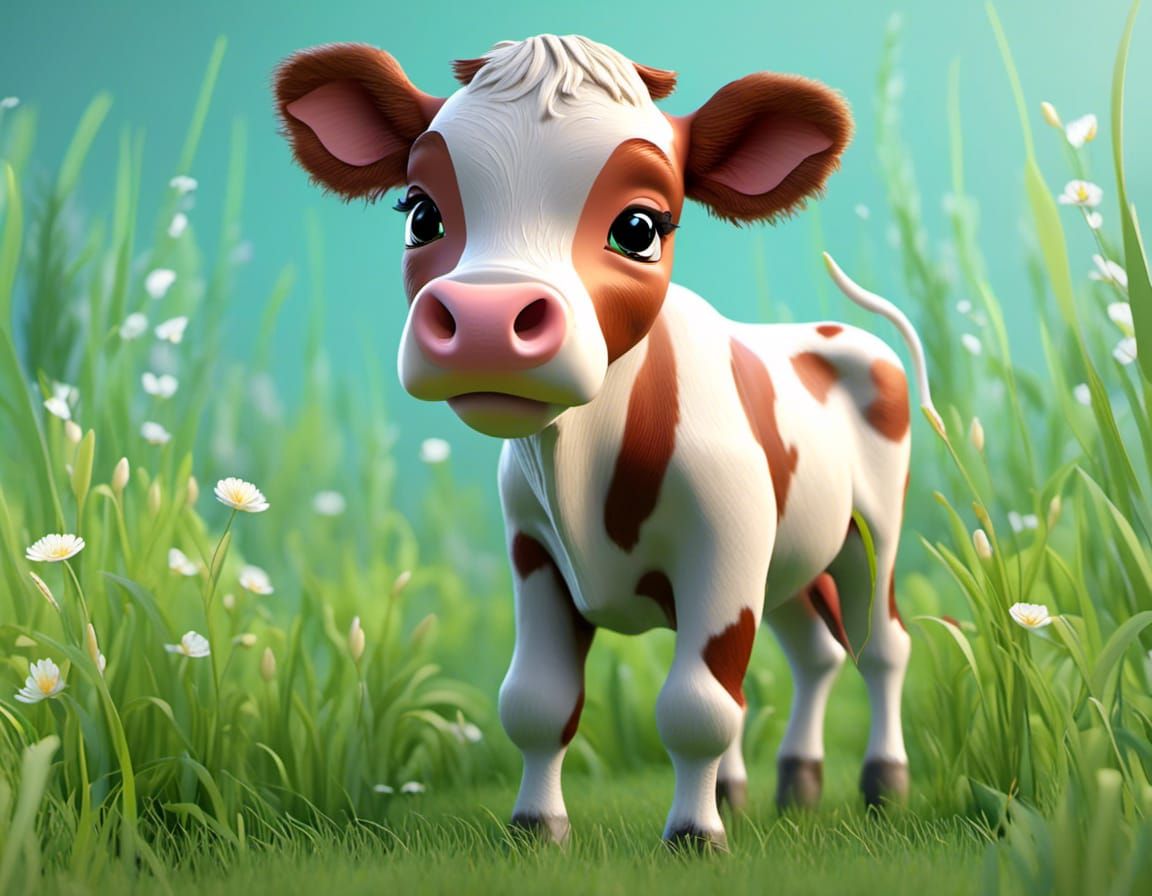 Cartoon Baby Cow in Green Grass, Soft Colors