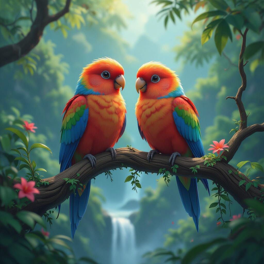 Lovebirds in Lush Jungle, 3D Anime Style