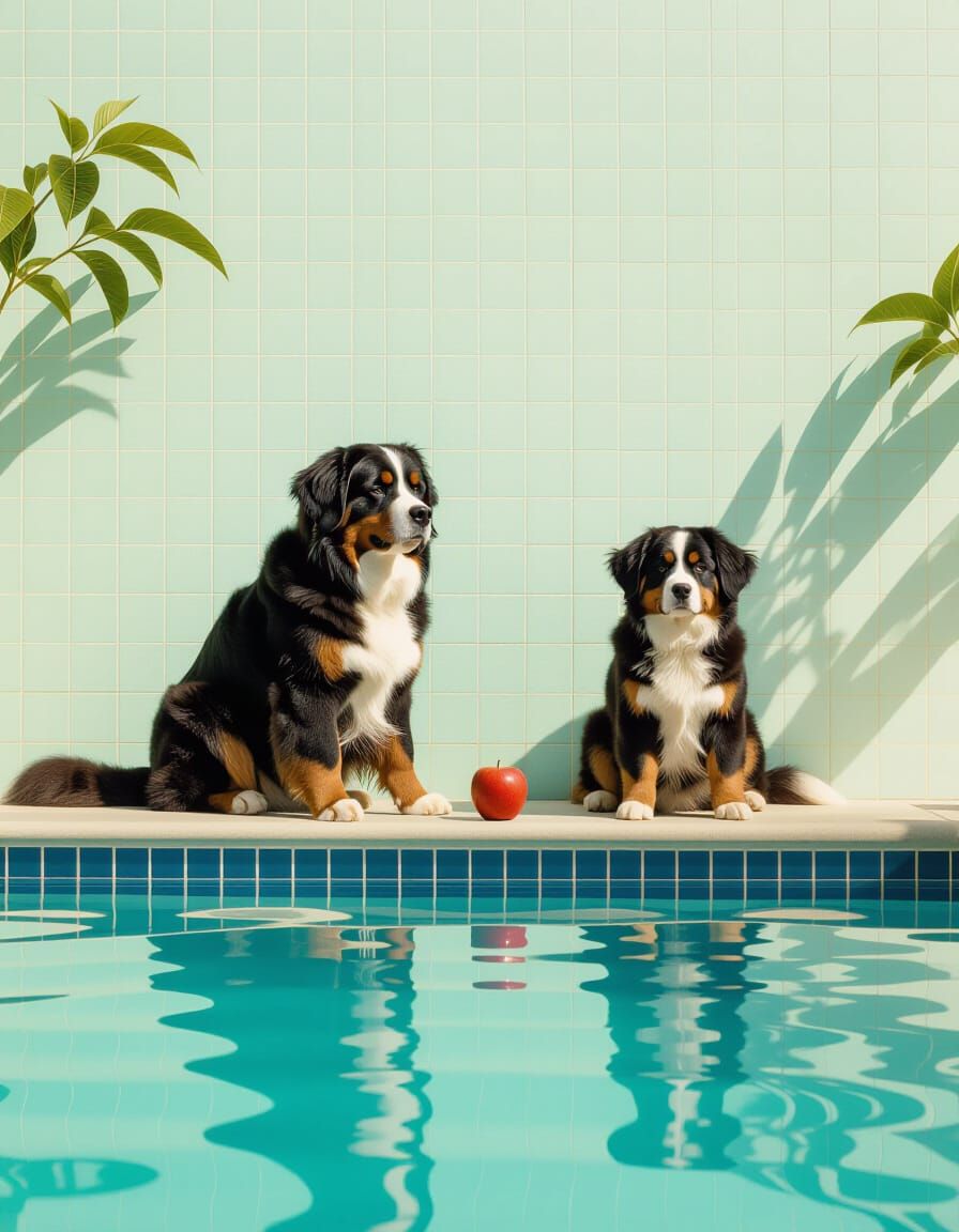 Bernese Mountain Dog by Pool in Wes Anderson Style
